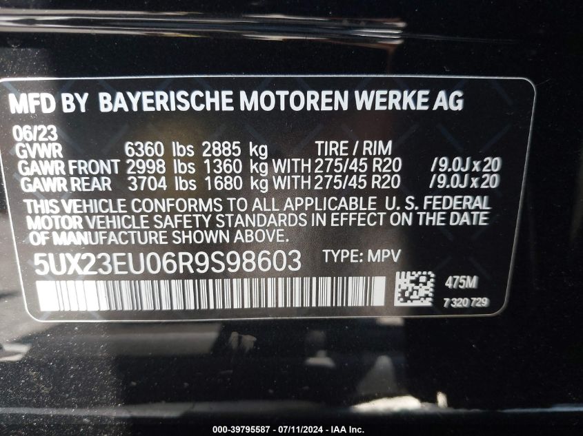 2024 BMW X5 xDrive40I VIN: 5UX23EU06R9S98603 Lot: 39795587