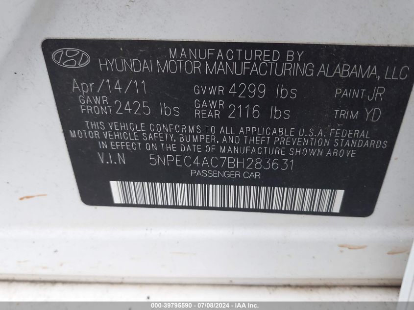 2011 Hyundai Sonata Limited VIN: 5NPEC4AC7BH283631 Lot: 39795590