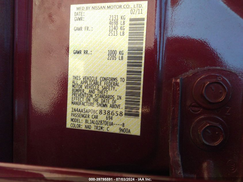 2011 Nissan Maxima S/Sv VIN: 1N4AA5AP0BC838658 Lot: 39795591