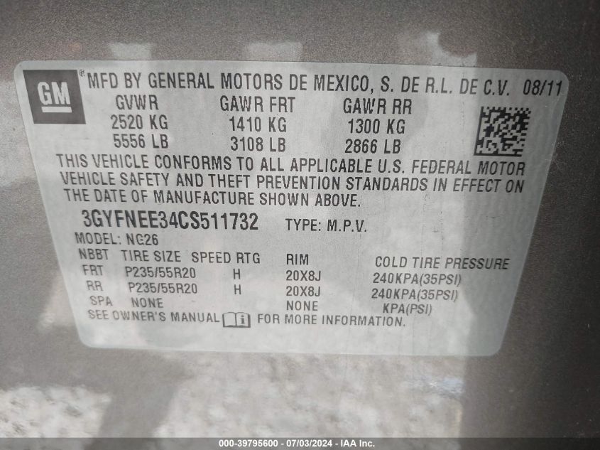 2012 Cadillac Srx Performance Collection VIN: 3GYFNEE34CS511732 Lot: 39795600