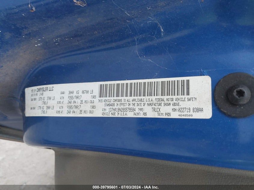 2008 Dodge Ram 1500 St/Sxt VIN: 1D7HA18N28S579584 Lot: 39795601