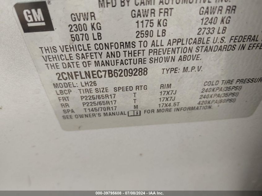 2011 Chevrolet Equinox Lt VIN: 2CNFLNEC7B6209288 Lot: 39795608