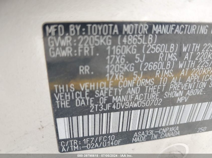 2T3JF4DV9AW050702 2010 Toyota Rav4