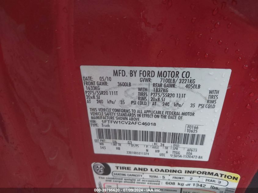 2010 Ford F150 Supercrew VIN: 1FTFW1CV2AFC46018 Lot: 39795620