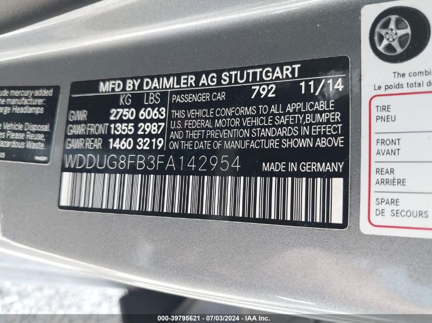 2015 Mercedes-Benz S 550 4Matic VIN: WDDUG8FB3FA142954 Lot: 39795621