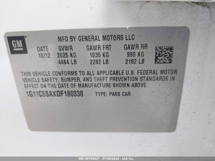 2013 Chevrolet Malibu 1Lt VIN: 1G11C5SAXDF180338 Lot: 39795627