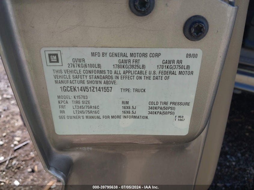 2001 Chevrolet Silverado 1500 VIN: 1GCEK14V51Z141557 Lot: 39795638