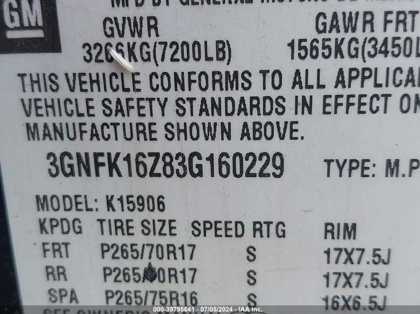 2003 Chevrolet Suburban 1500 Z71 VIN: 3GNFK16Z83G160229 Lot: 39795641