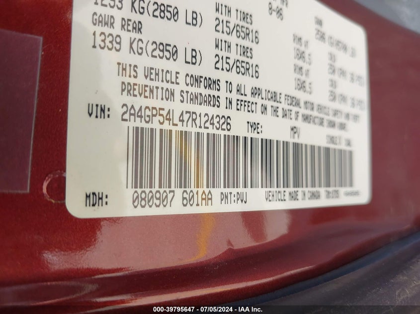 2007 Chrysler Town & Country Touring VIN: 2A4GP54L47R124326 Lot: 39795647