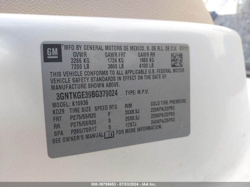 2011 Chevrolet Avalanche 1500 Ltz VIN: 3GNTKGE39BG379024 Lot: 39795653