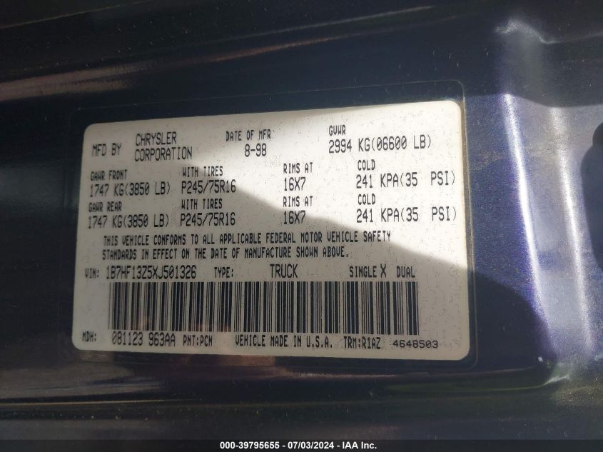 1999 Dodge Ram 1500 St VIN: 1B7HF13Z5XJ501326 Lot: 39795655