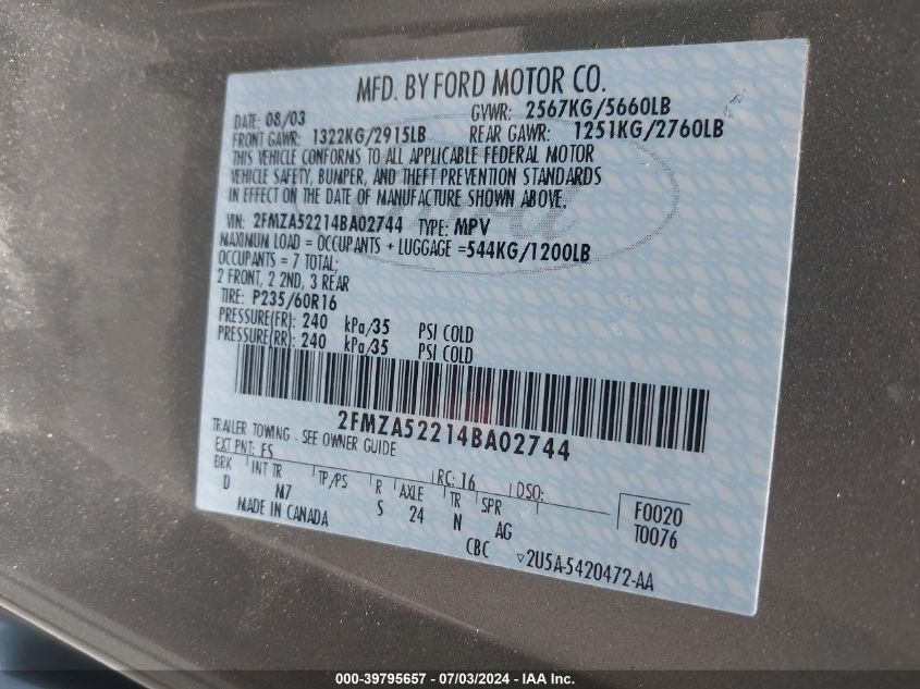 2004 Ford Freestar Sel VIN: 2FMZA52214BA02744 Lot: 39795657