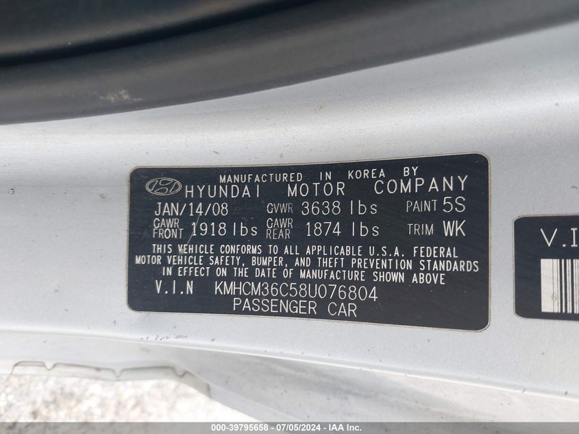 2008 Hyundai Accent Gs VIN: KMHCM36C58U076804 Lot: 39795658