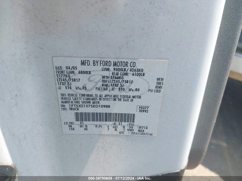 2005 Ford F-250 Lariat/Xl/Xlt VIN: 1FTSX21575ED10988 Lot: 39795659