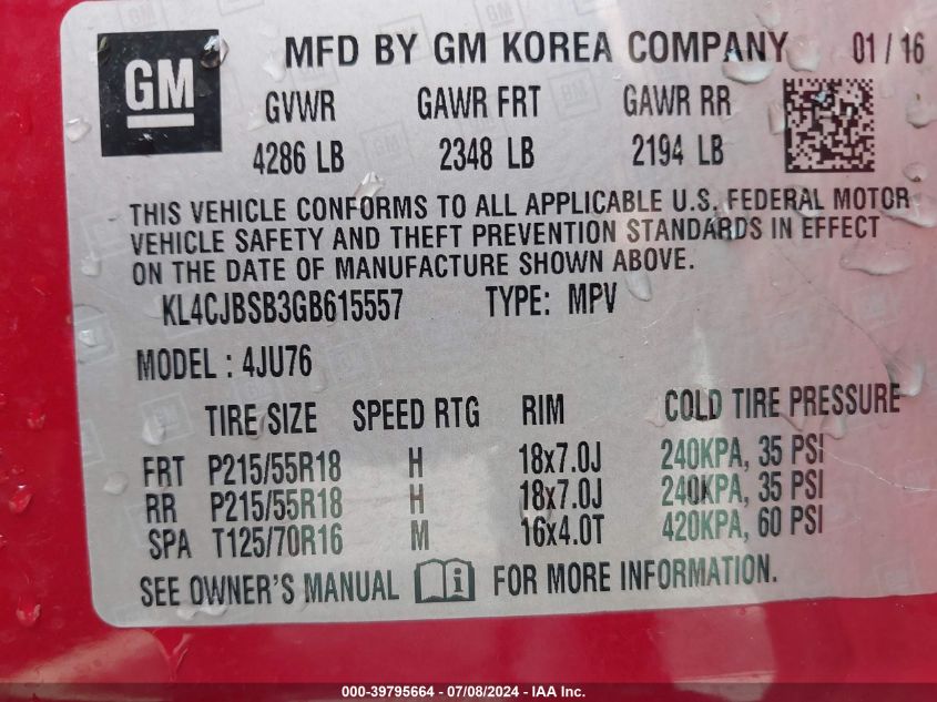 2016 Buick Encore Convenience VIN: KL4CJBSB3GB615557 Lot: 39795664