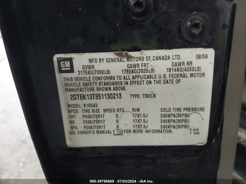 2005 GMC Sierra 1500 Slt VIN: 2GTEK13T851130213 Lot: 39795669