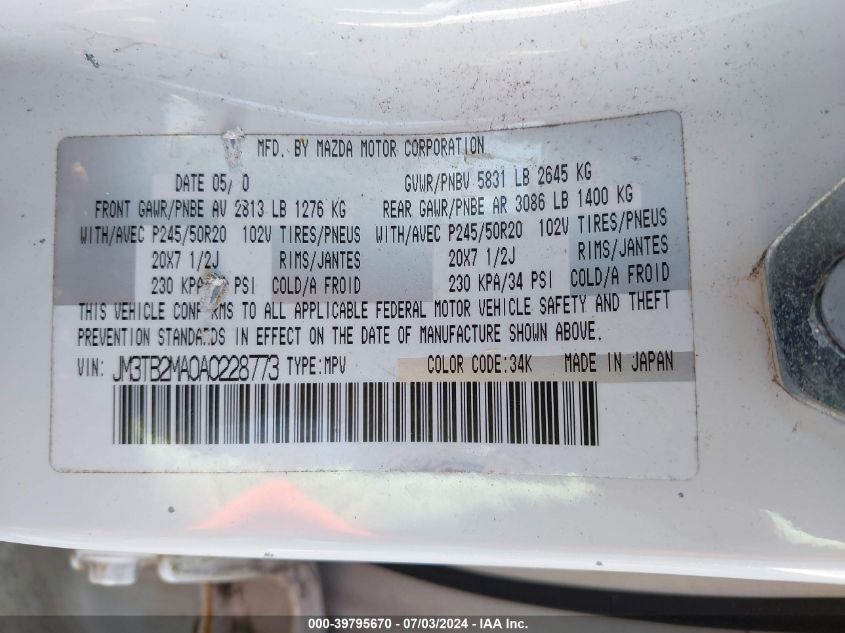 2010 Mazda Cx-9 VIN: JM3TB2MA0A0228773 Lot: 39795670