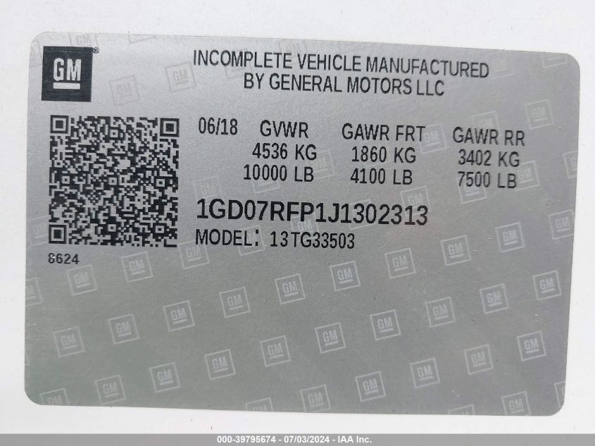 2018 GMC Savana Cutaway G3500 VIN: 1GD07RFP1J1302313 Lot: 39795674