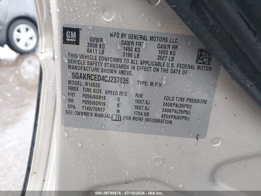 2012 Buick Enclave Leather VIN: 5GAKRCED4CJ237036 Lot: 39795676