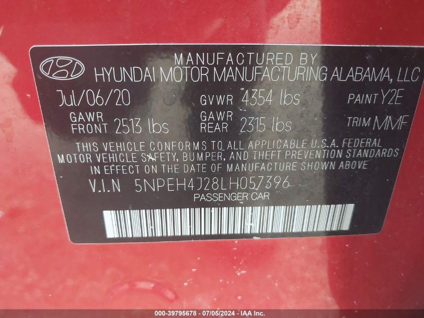 2020 Hyundai Sonata Limited VIN: 5NPEH4J28LH057396 Lot: 39795678