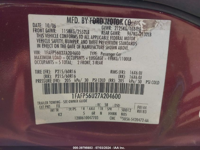 2007 Ford Taurus Sel VIN: 1FAFP56U27A204600 Lot: 39795683