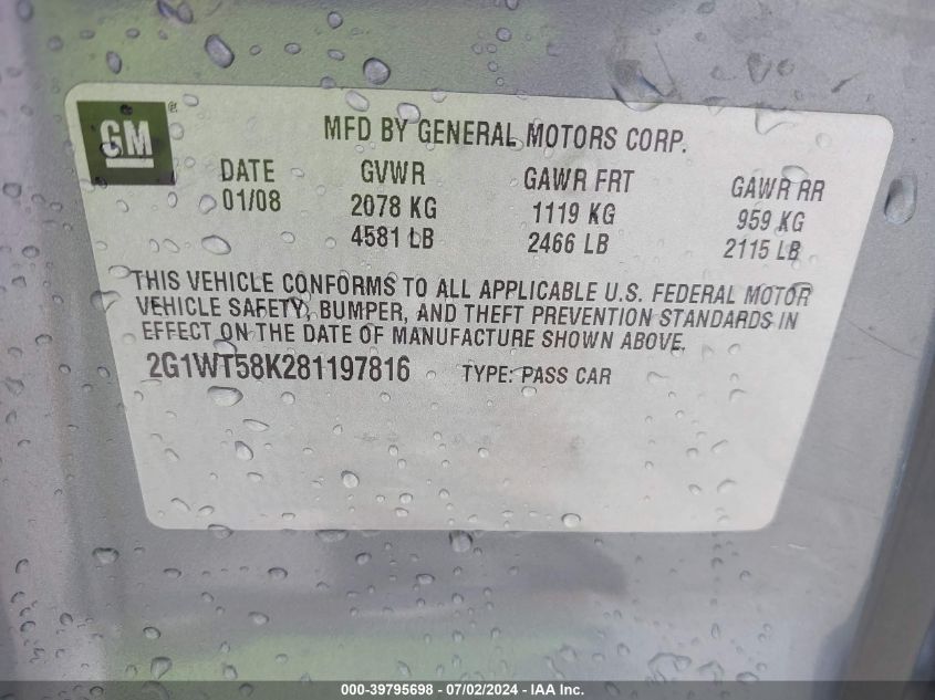 2008 Chevrolet Impala Lt VIN: 2G1WT58K281197816 Lot: 39795698