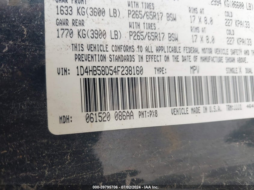 2004 Dodge Durango Limited VIN: 1D4HB58D54F238160 Lot: 39795706