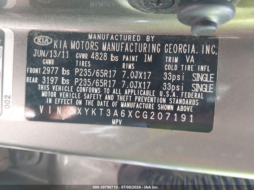 2012 Kia Sorento Lx VIN: 5XYKT3A6XCG207191 Lot: 39795710