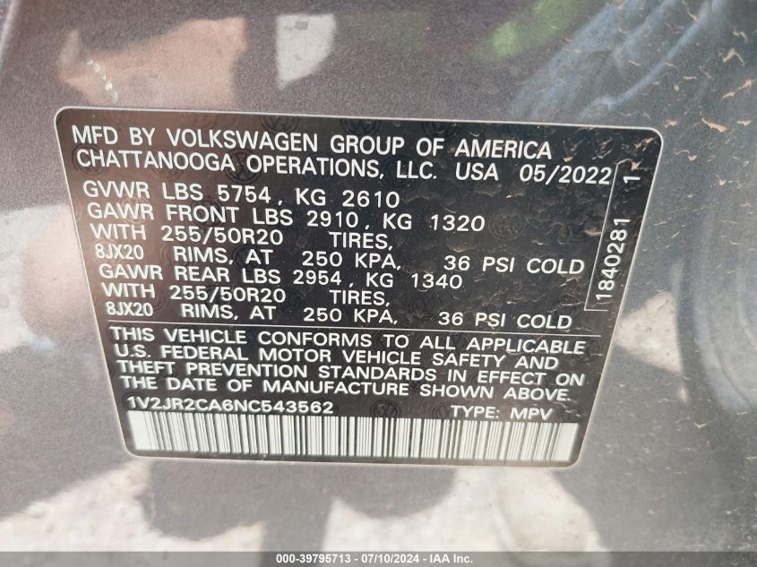 2022 Volkswagen Atlas Se VIN: 1V2JR2CA6NC543562 Lot: 39795713