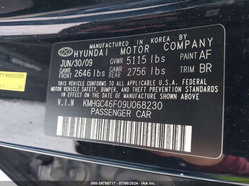 2009 Hyundai Genesis 4.6 VIN: KMHGC46F09U068230 Lot: 39795717