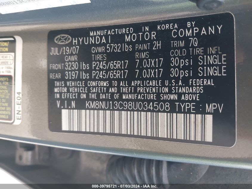 2008 Hyundai Veracruz Gls/Limited/Se VIN: KM8NU13C98U034508 Lot: 39795721