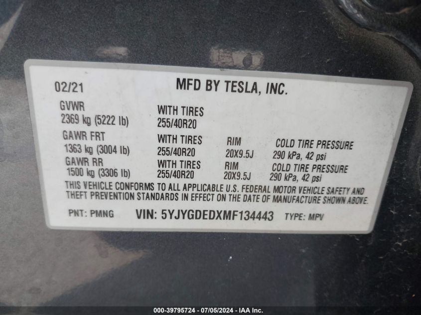 2021 TESLA MODEL Y - 5YJYGDEDXMF134443