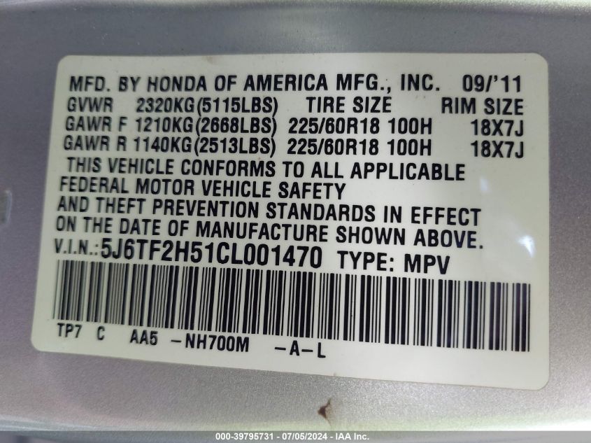 2012 Honda Crosstour Ex-L VIN: 5J6TF2H51CL001470 Lot: 39795731
