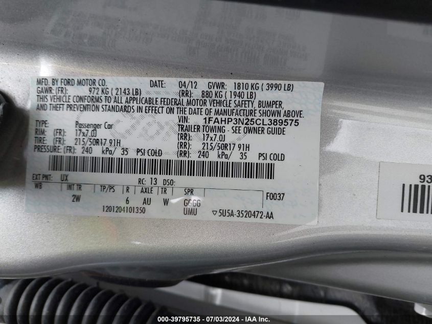 2012 Ford Focus Titanium VIN: 1FAHP3N25CL389575 Lot: 39795735