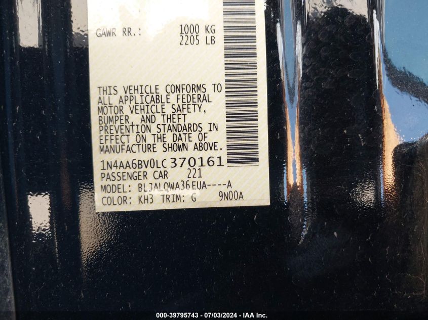 2020 Nissan Maxima S Xtronic Cvt VIN: 1N4AA6BV0LC370161 Lot: 39795743