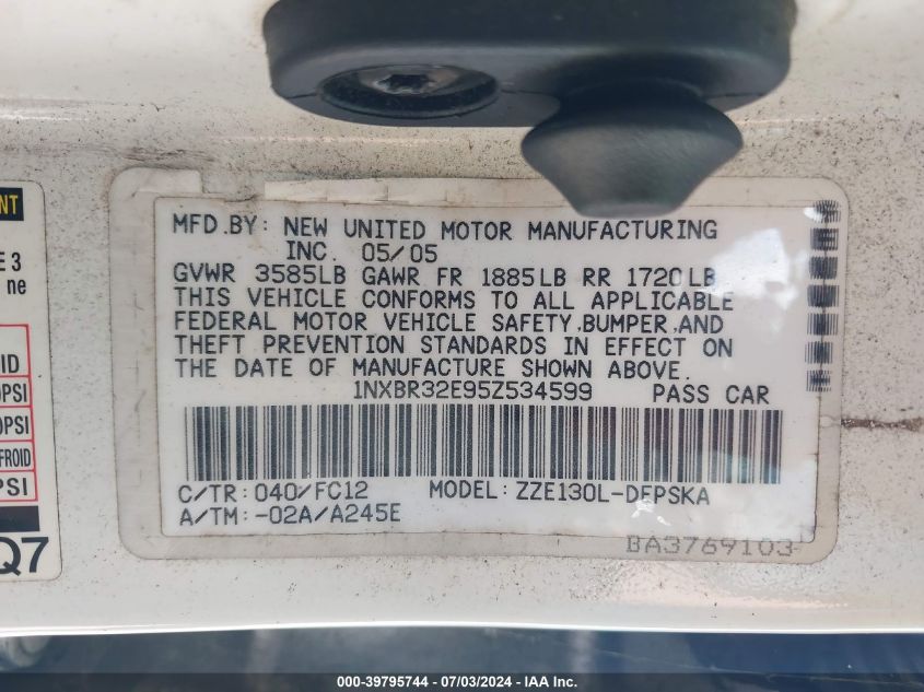 2005 Toyota Corolla S VIN: 1NXBR32E95Z534599 Lot: 39795744