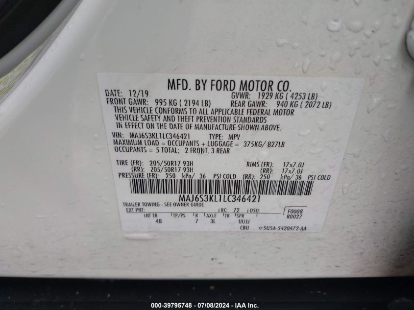 2020 Ford Ecosport Titanium VIN: MAJ6S3KL1LC346421 Lot: 39795748