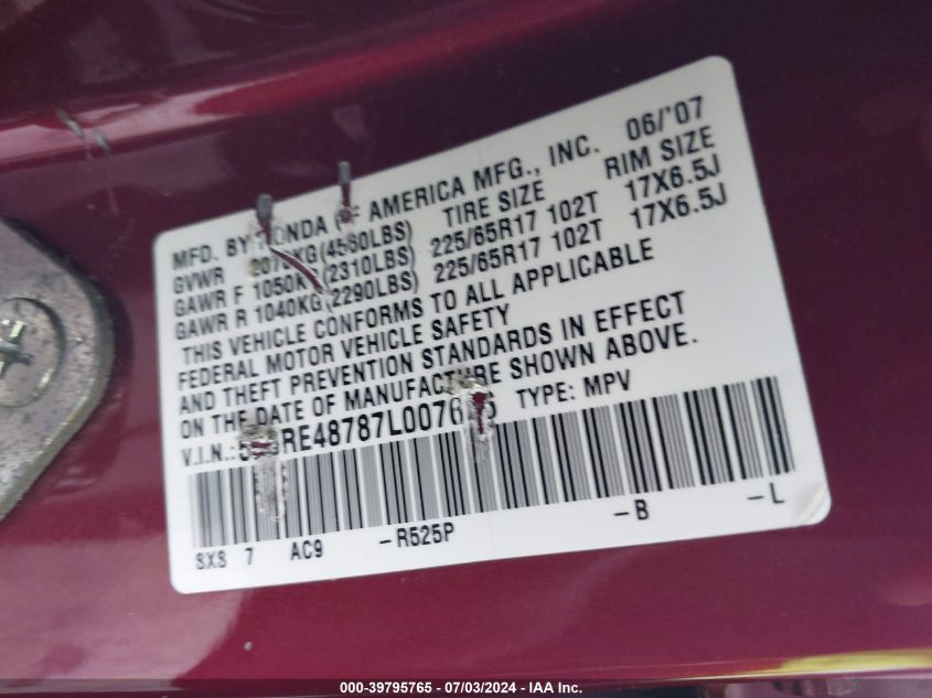 2007 Honda Cr-V Ex-L VIN: 5J6RE48787L007606 Lot: 39795765