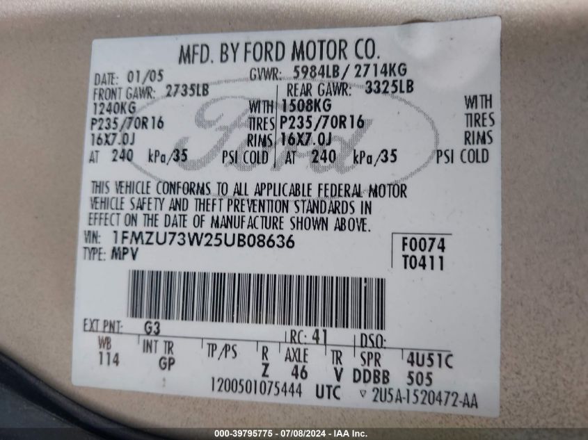 2005 Ford Explorer Xlt/Xlt Sport VIN: 1FMZU73W25UB08636 Lot: 39795775