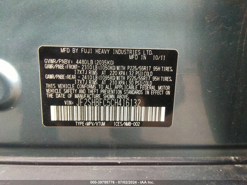 2012 Subaru Forester 2.5X Limited VIN: JF2SHBFC5CH416132 Lot: 39795776