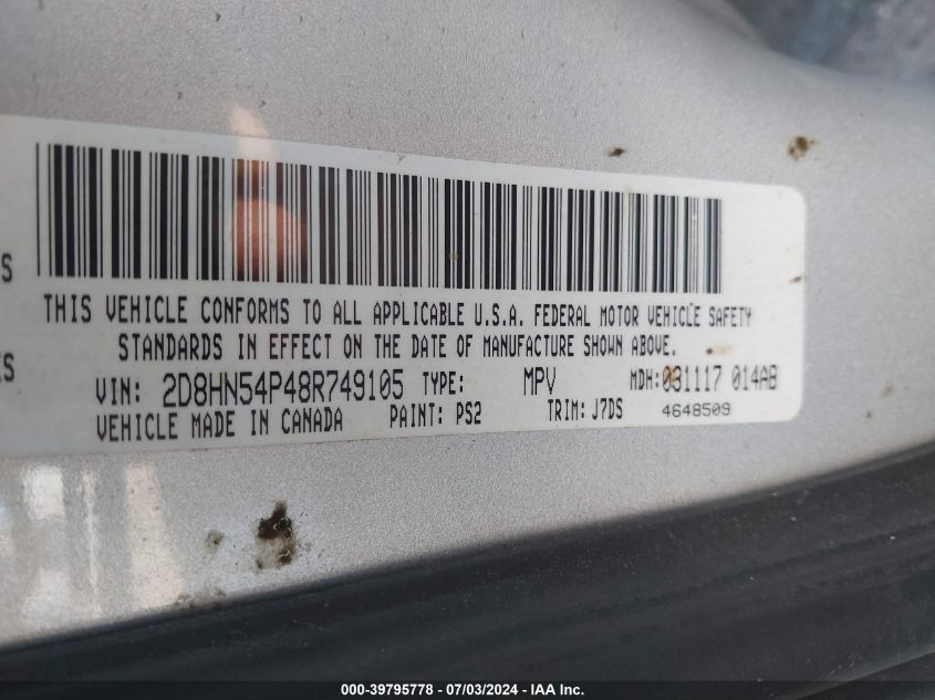 2008 Dodge Grand Caravan Sxt VIN: 2D8HN54P48R749105 Lot: 39795778