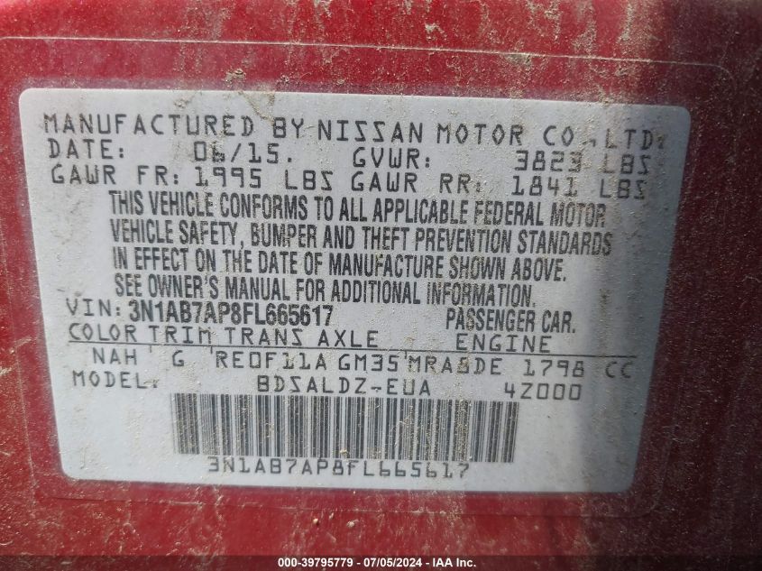 2015 Nissan Sentra Fe+ S/S/Sl/Sr/Sv VIN: 3N1AB7AP8FL665617 Lot: 39795779