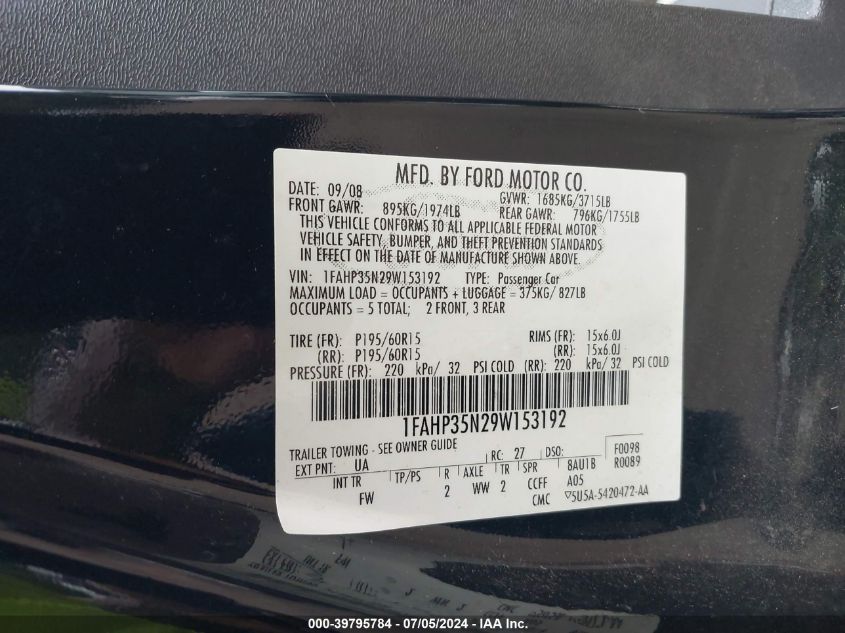 1FAHP35N29W153192 | 2009 FORD FOCUS