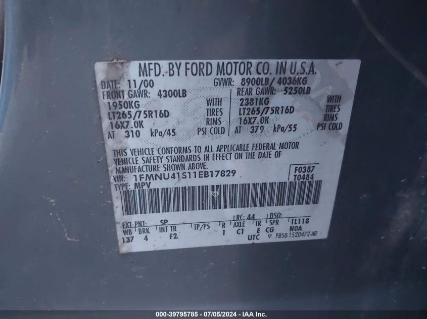 2001 Ford Excursion Xlt VIN: 1FMNU41S11EB17829 Lot: 39795785