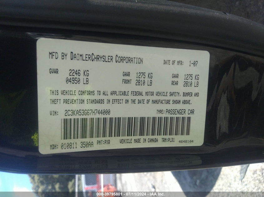 2007 Chrysler 300 Touring VIN: 2C3KA53G67H744000 Lot: 39795801