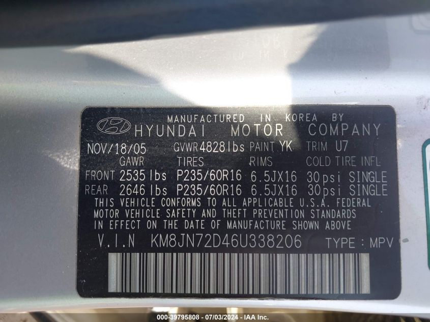 2006 Hyundai Tucson Gls/Limited VIN: KM8JN72D46U338206 Lot: 39795808