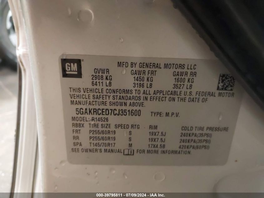 2012 Buick Enclave Leather VIN: 5GAKRCED7CJ351600 Lot: 39795811