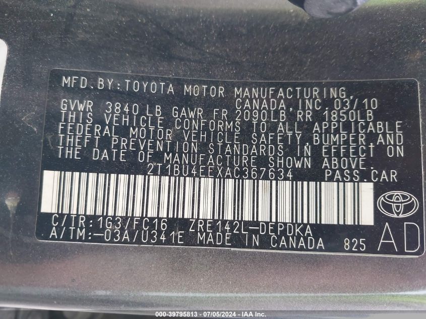 2010 Toyota Corolla Le VIN: 2T1BU4EEXAC367634 Lot: 39795813
