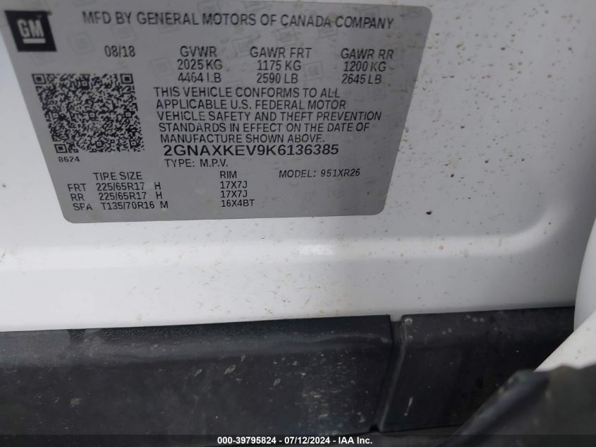 2019 Chevrolet Equinox Lt VIN: 2GNAXKEV9K6136385 Lot: 39795824