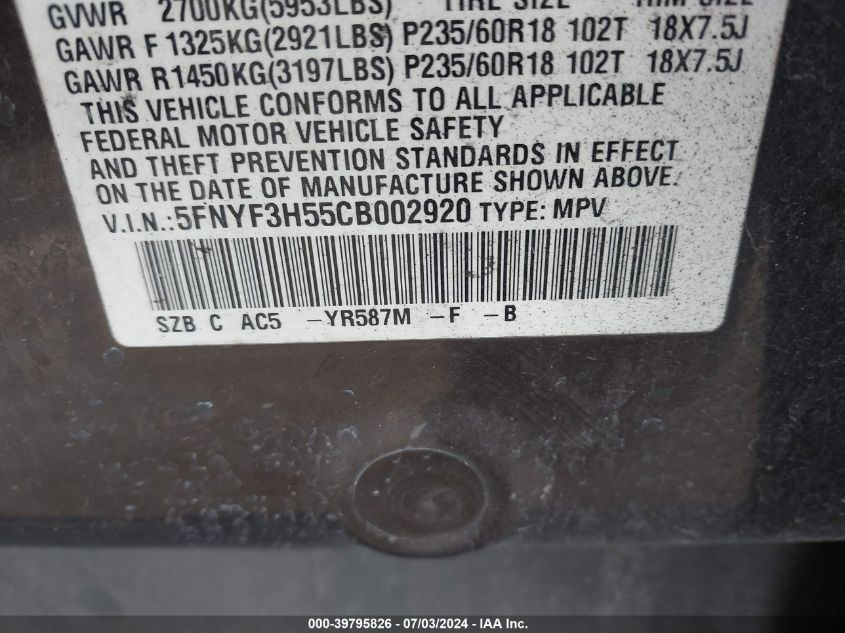 2012 Honda Pilot Exl VIN: 5FNYF3H55CB002920 Lot: 39795826